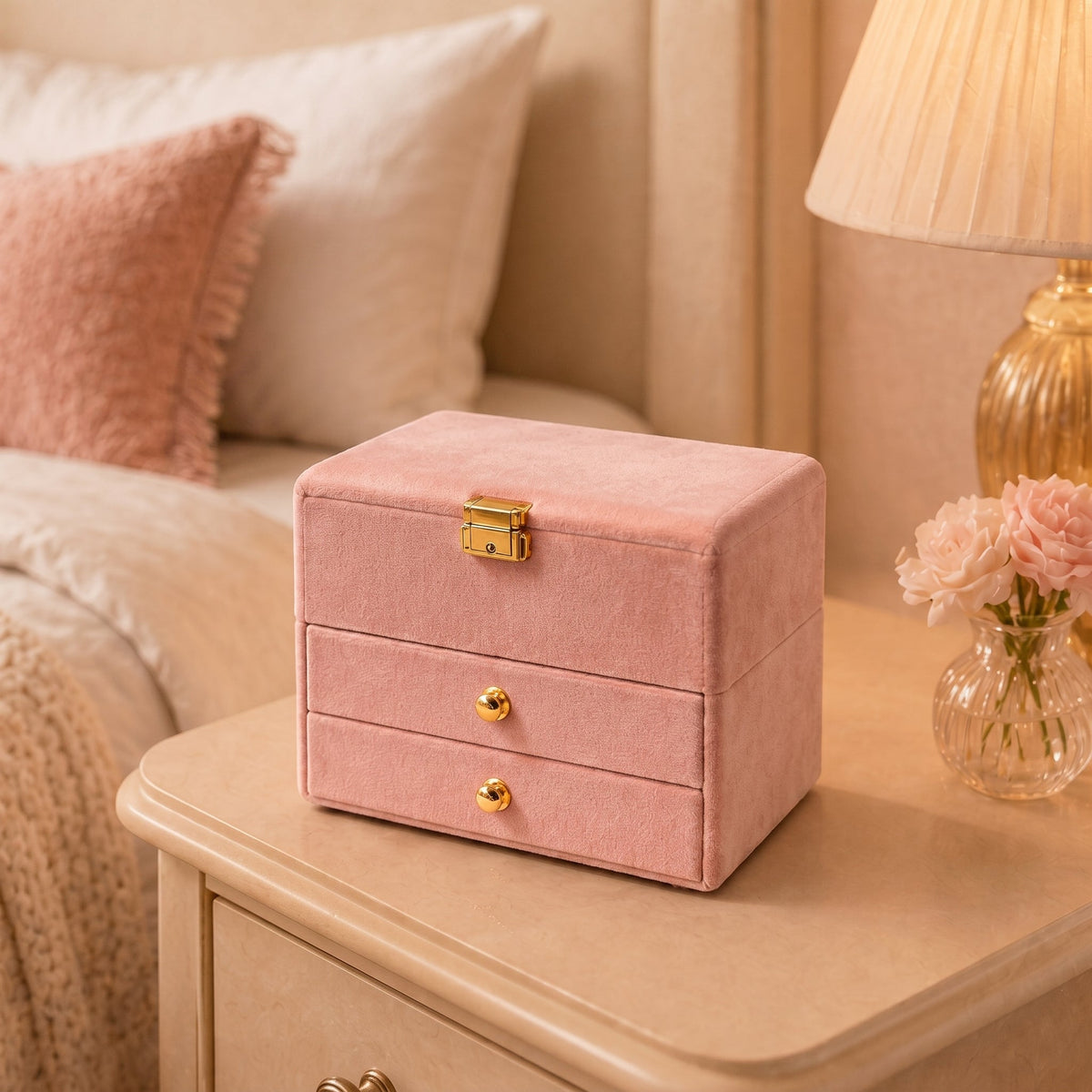 Blush Pink Velvet 3-Tier Jewelry Box