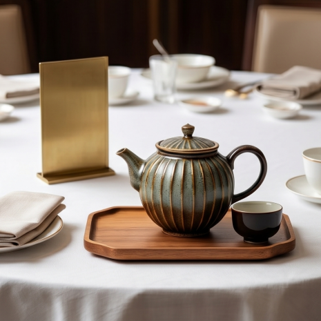 Rustic Fluted Ceramic Tea Set with Wooden Tray