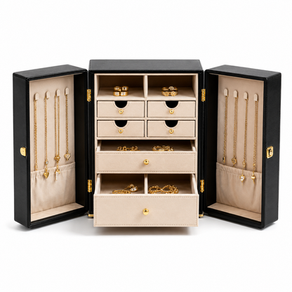 Black Fold-Out Faux Leather Jewelry Armoire