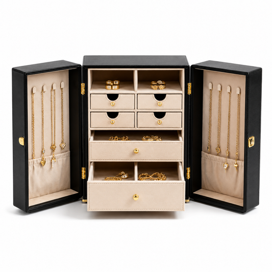 Black Fold-Out Faux Leather Jewelry Armoire