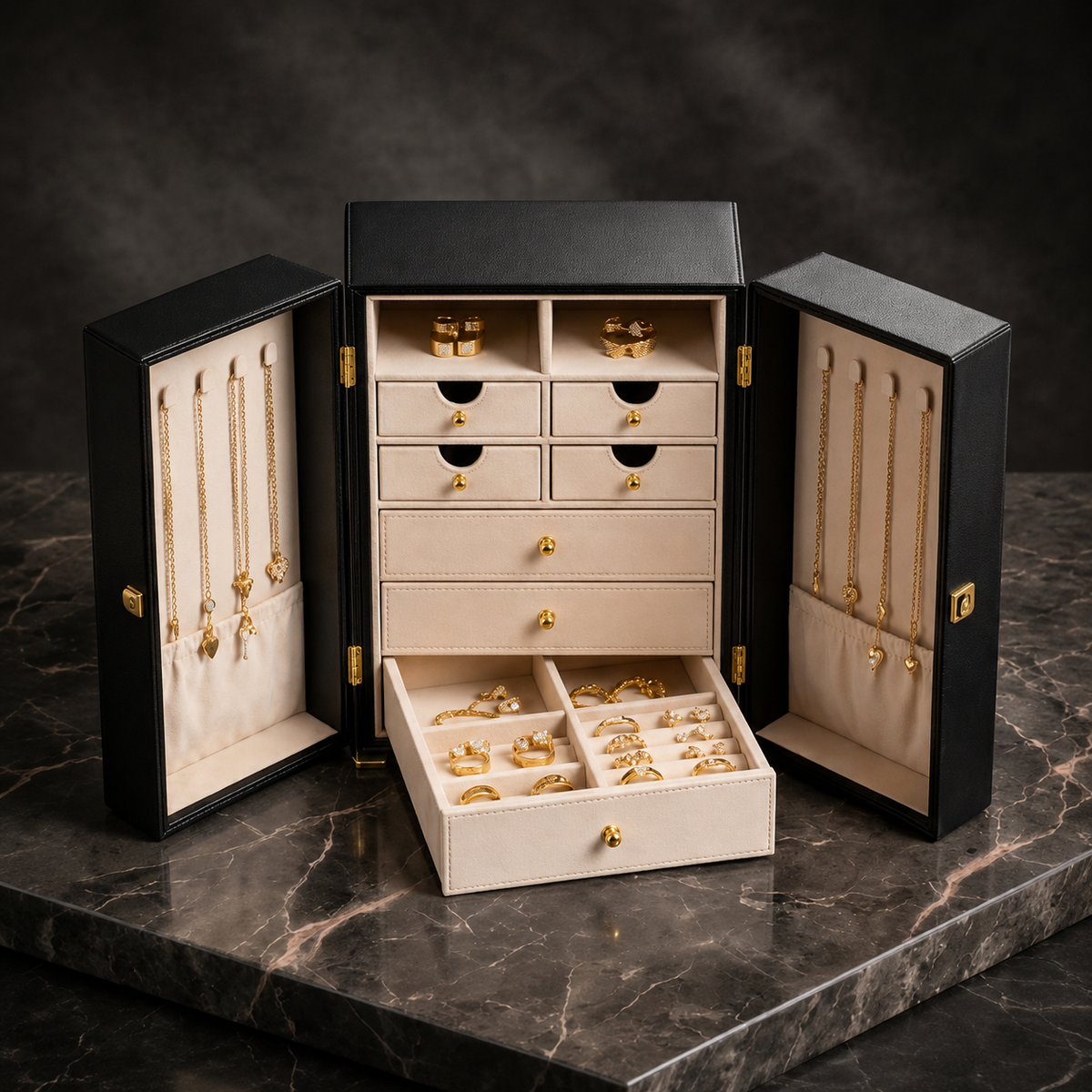 Black Fold-Out Faux Leather Jewelry Armoire