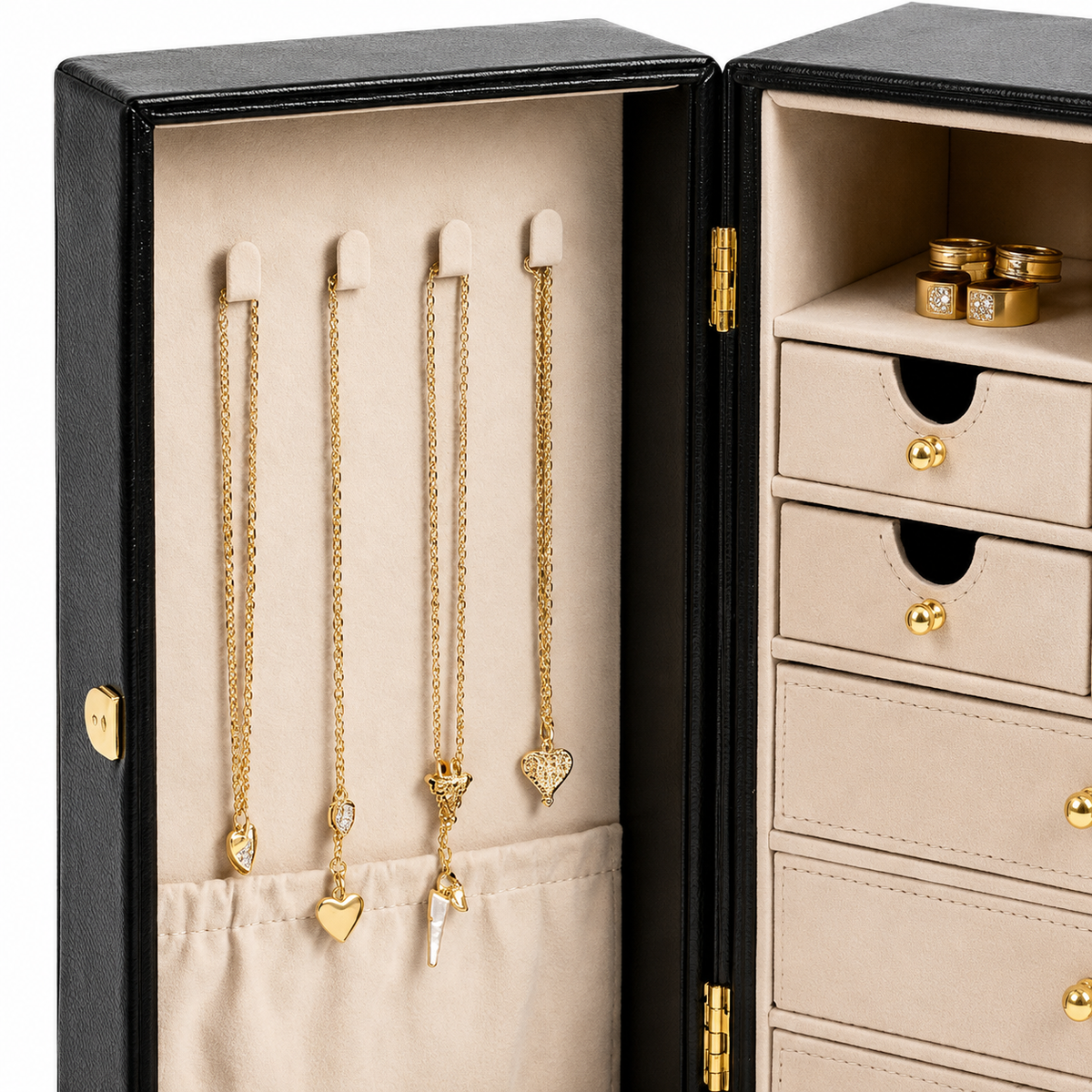 Black Fold-Out Faux Leather Jewelry Armoire