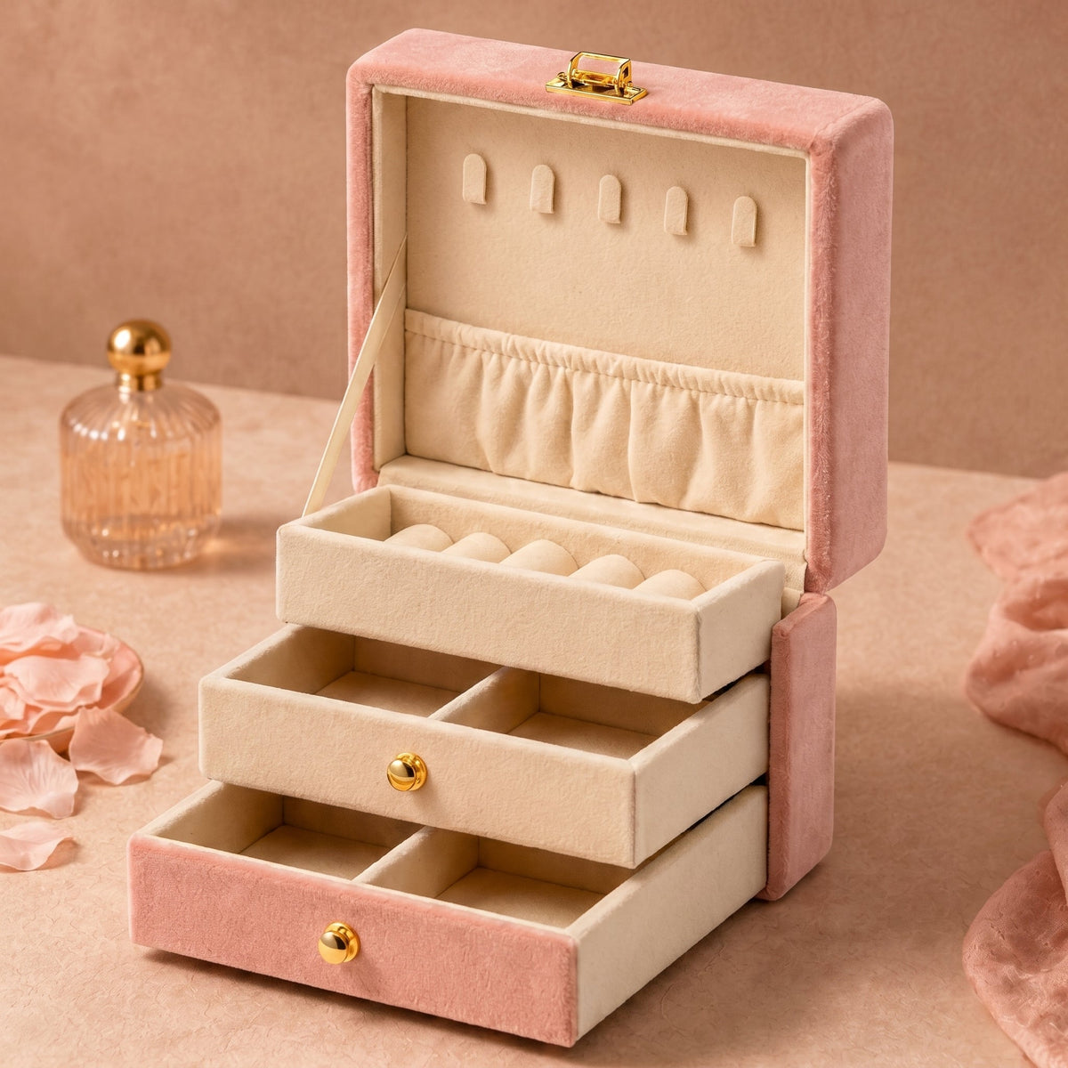 Blush Pink Velvet 3-Tier Jewelry Box