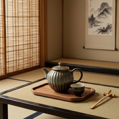 Rustic Fluted Ceramic Tea Set with Wooden Tray