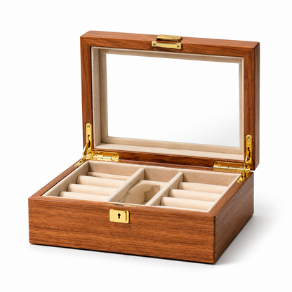 Walnut Glass-Top Wooden Jewelry Box