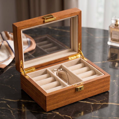 Walnut Glass-Top Wooden Jewelry Box