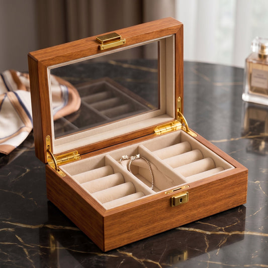 Walnut Glass-Top Wooden Jewelry Box