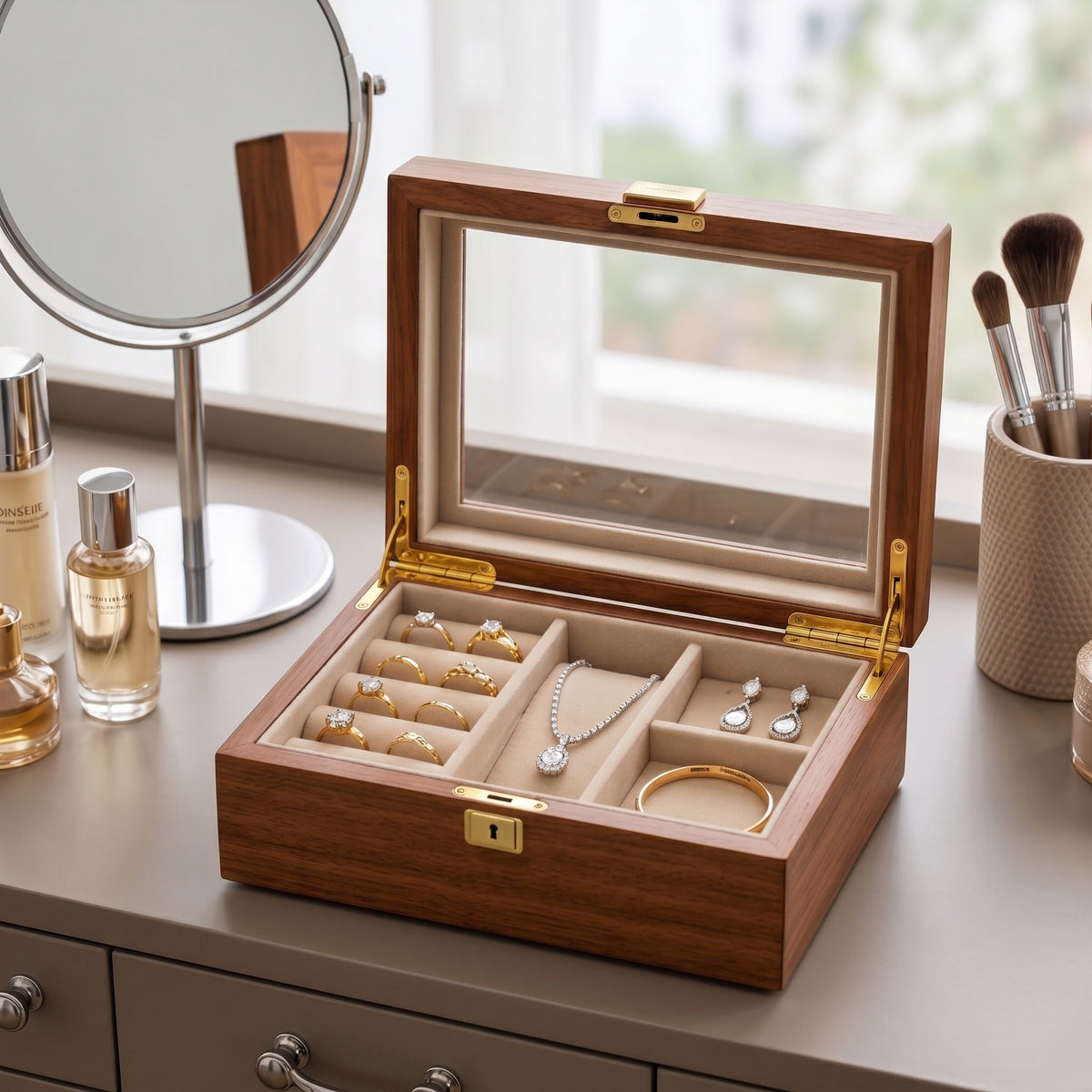 Walnut Glass-Top Wooden Jewelry Box