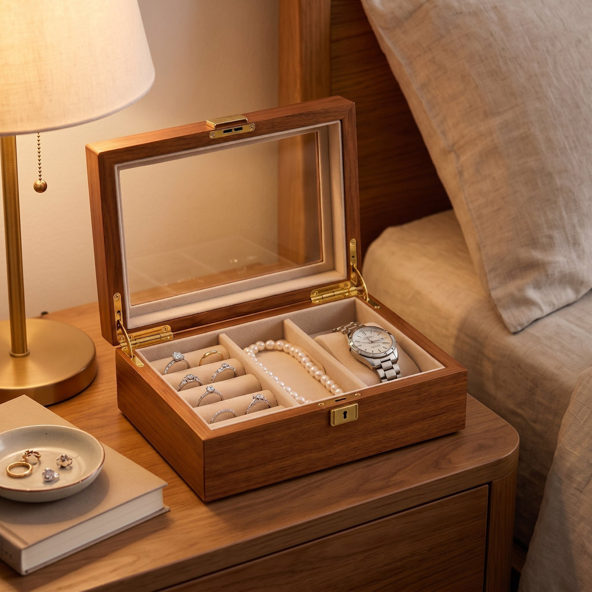 Walnut Glass-Top Wooden Jewelry Box